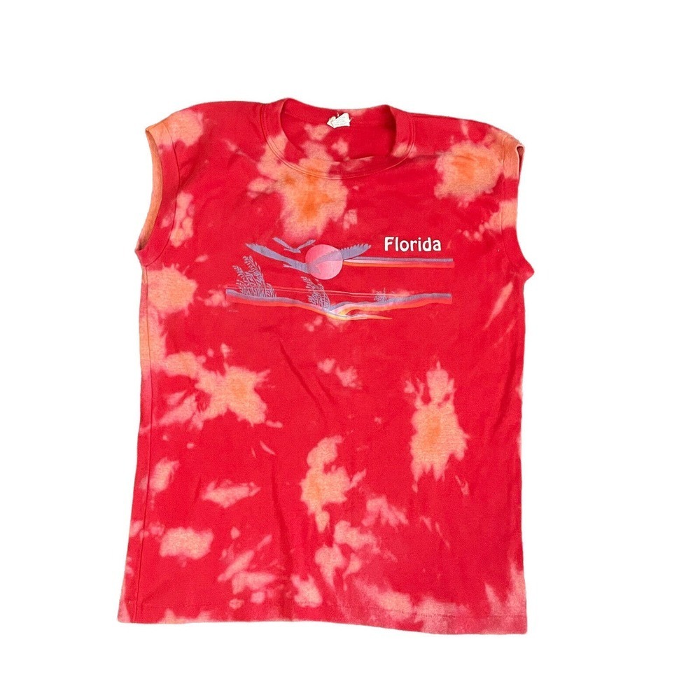 VTG Red Custom Bleach Florida Nature Cut Off Shirt Size‎ Large Single Stitch